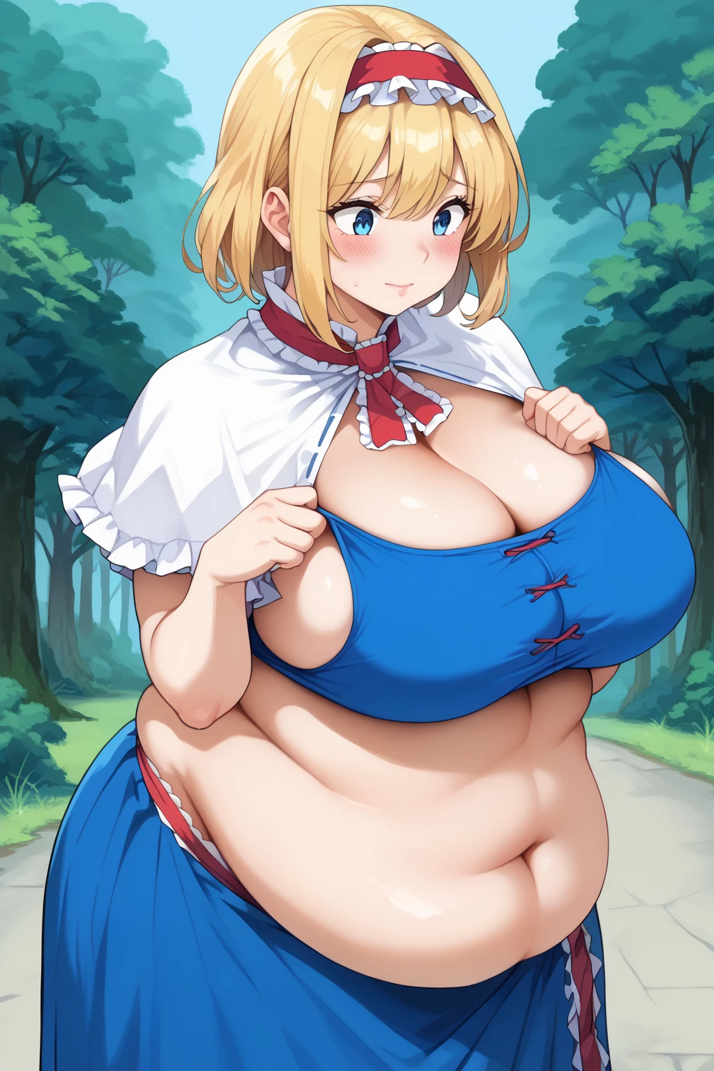  Alice Margatroyd, alice margatroid,  medium hair up to buttocks,  blonde hair ,  blue eyes, , red hair band, , Frilled Headband , Red waist wrap with white frills ,　 Blue Dress ,
 white capelet,  Blue Dress ,  blue long skirt,  score_9,   score_8_up,   score_7_up,   score_6_up,   score_5_up,   score_4_up,     Masterpiece  ,   top quality,   Very Aesthetic ,   absurd,   source_Anime, Anime screencap,   one woman , Alone,  personal  ,  super huge breasts, ((( super huge clevis, super huge , super huge boob))), Curvy,  chubby, Mature Woman,  obese body type, blush, Shy woman,  belly fat sticking out of clothes,　 sloppy stomach , Three-section abdomen, Plump belly, Being in the forest, Road in the forest, I'm worried about belly fat ,  cleavage enhancement pose, Woman burping 