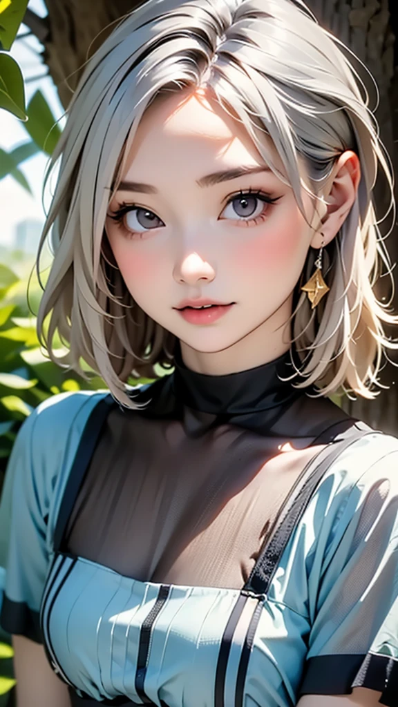 (highest quality, masterpiece), One girl, beautiful girl, Brown_eye, ((hair color [Silver hair], [Pixie cut with front hair] hair)), Earrings, lips, Short sleeve,Realistic, Tight waist, Charm, Colorful Makeup, Long eyelashes, Fair skin, (cute), (Detailed face), Detailed eye, Detailed iris,((Extremely precise and accurate anatomy:1.0)),Kind eyes,Graceful pose,(Beauty of form:1.4) Golden ratio, big eye,(nature's providence:1.4),