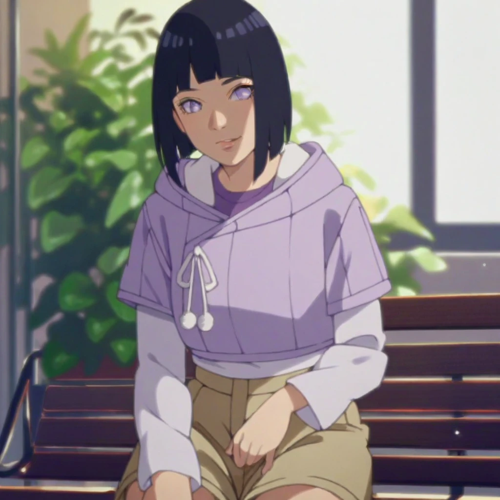 HinataBoruto, 1girl, hyuuga hinata, short hair, black hair, hood down, blunt bangs, purple eyes, short over long sleeves, layered sleeves, skirt, shorts, hoodie, bench, purple shirt, cowboy shot