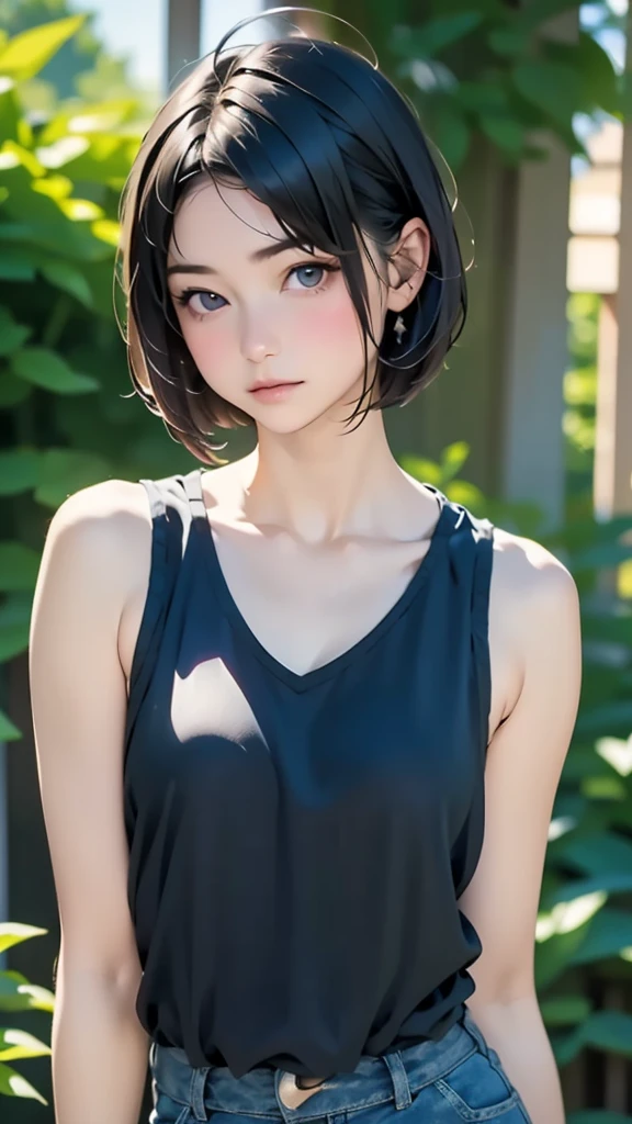 (((pixel-perfect, detail-perfect))), HDR, 4K, 1girl, solo, exposed back, looking at viewer, upper body, black hair, bob_hair, short-hair, short bob hair, (((bobcut) )), ((haircut:1.3)), undercut, bobbed hair, minibob, sidecut, buzz haircut, sidecut, side of head shaved, purple eyes, ((Shave his hair)), Short ear hair, graduation bob, (cowboy shot:1.5), straight short hair, buzzed nape, tank top, nike logo, ((Extremely precise and accurate anatomy:1.0)),Kind eyes,Graceful pose,(Beauty of form:1.4) Golden ratio, big eye,(nature's providence:1.4),