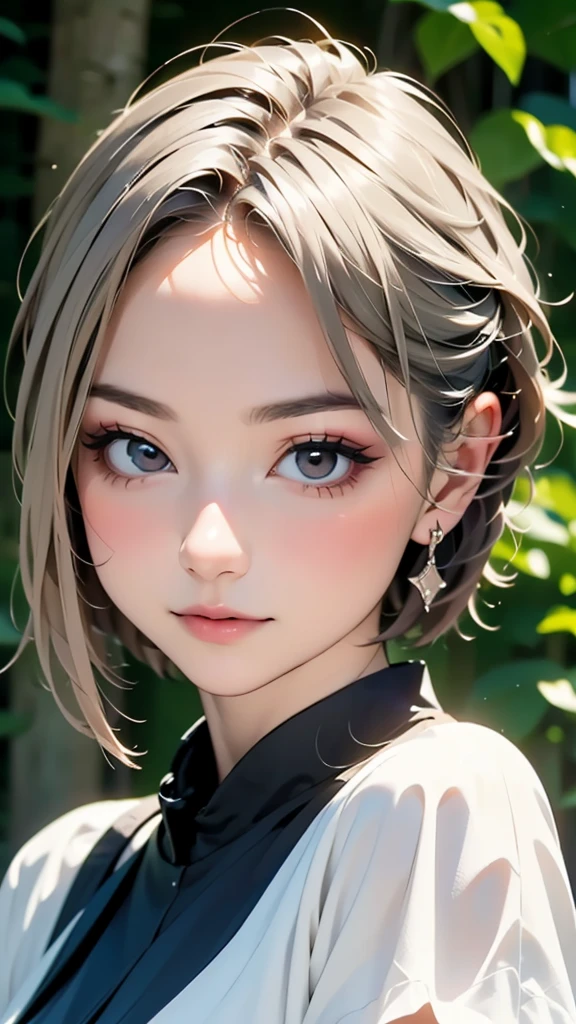 (highest quality, masterpiece), One girl, beautiful girl, Brown_eye, ((hair color [Silver hair], [Pixie cut with front hair] hair)), Earrings, lips, Short sleeve,Realistic, Tight waist, Charm, Colorful Makeup, Long eyelashes, Fair skin, (cute), (Detailed face), Detailed eye, Detailed iris,((Extremely precise and accurate anatomy:1.0)),Kind eyes,Graceful pose,(Beauty of form:1.4) Golden ratio, big eye,(nature's providence:1.4),