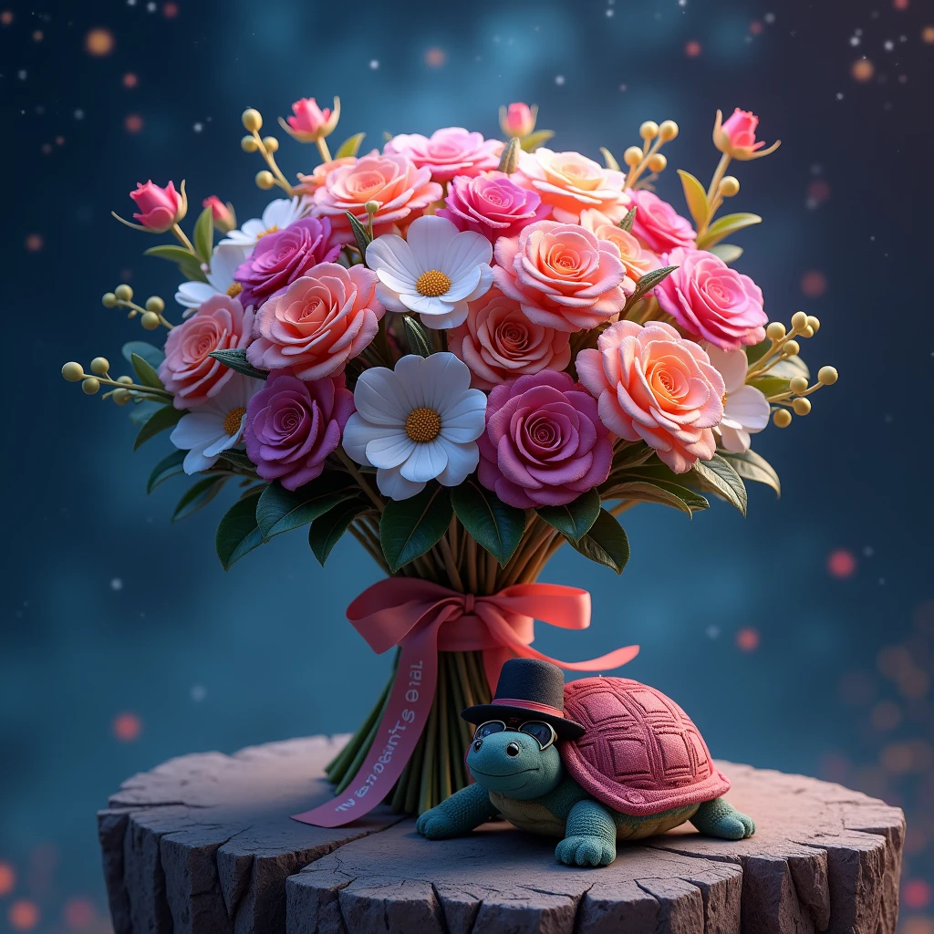  Bouquet with Beautiful Patterns ,  Tied with a beautiful ribbon with text  "My favorite girl",  starry sky on socks , beautiful mysterious background , Mystical,  lies next to the bouquet a beautiful soft toy turtle with a hat and glasses,  Main detail,  masterpiece fails,  complex , bright colors,  maximum quality , 8 k,  better quality ,  Lots of Details ,