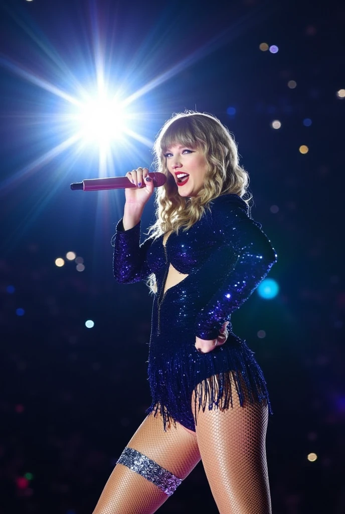 The image shows Taylor Swift during a live performance on stage . She is dressed in a short, tight dark blue suit , adorned with shiny rhinestones and fringes that add movement and a striking visual effect . The costume design includes openings on the back and sides , highlighting her silhouette and providing a modern and daring touch . Besides, she wears mesh tights and a decorative garter on her left thigh , that complements the general style of the outfit . The artist has a safe and playful expression , with a faint smile while holding a microphone close to her mouth . long light brown hair falls loose and wavy on her shoulders , and her gaze is directed towards the camera or the audience , creating a direct connection with the audience . The background of the image is full of bright and dazzling lights , with a large focus white illuminating from the top , generating light rays that cross the scene . This creates a visual contrast between the artist and the dark background , highlighting her figure and the brightness of her wardrobe . You can also see flashes of smaller lights , similar to stars , scattered throughout the image , , contributing to a magical and electrifying atmosphere typical of a show of great magnitude. On the whole, the image reflects a dynamic moment , full of energy and glamor , highlighting the charism and the stage presence of the artist .