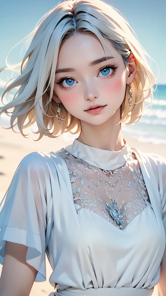 (masterpiece, best quality:1.2), 8k, 85mm, raw photo, absurdres, white and cyan theme, (liquid clothes, liquid dress:1.4), white hair, gradient dress, delicate girl, upper body, close up face, shiny skin, teen, looking at viewer, HDR, sharp focus, particle, twilight sky, detailed eyes and face, white hair, simple background,(Enhances the beauty of skin texture:1.1),((Extremely precise and accurate anatomy:1.0)),Kind eyes,Graceful pose,