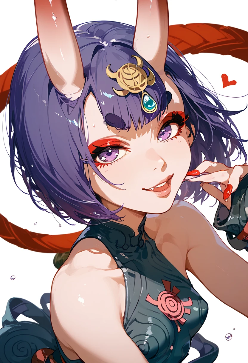 Shuten Doji, purple hair, bob cut,Round eyebrows, red eyeliner