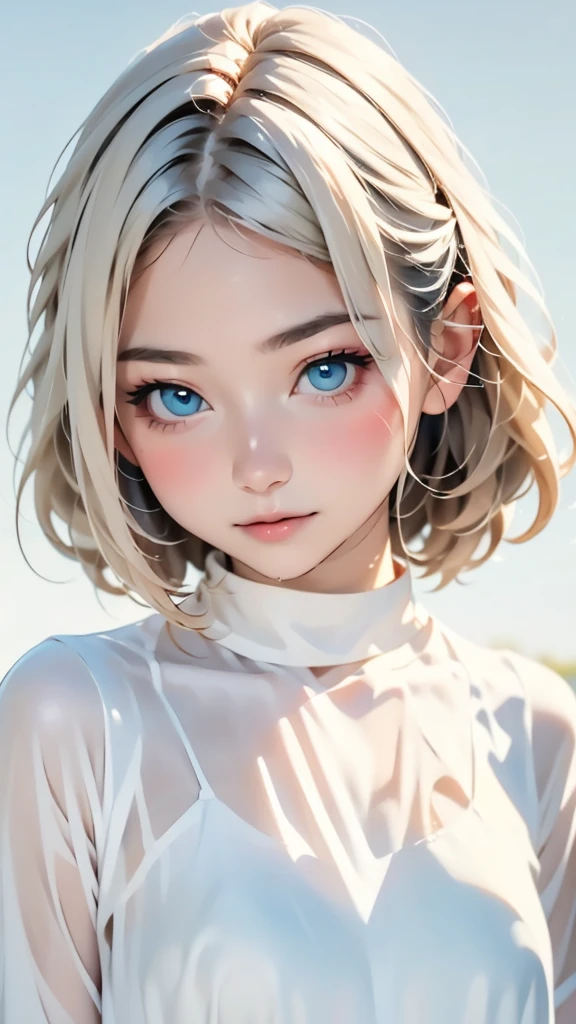 (masterpiece, best quality:1.2), 8k, 85mm, raw photo, absurdres, white and cyan theme, (liquid clothes, liquid dress:1.4), white hair, gradient dress, delicate girl, upper body, close up face, shiny skin, teen, looking at viewer, HDR, sharp focus, particle, twilight sky, detailed eyes and face, white hair, simple background,(Enhances the beauty of skin texture:1.1),((Extremely precise and accurate anatomy:1.0)),Kind eyes,Graceful pose,