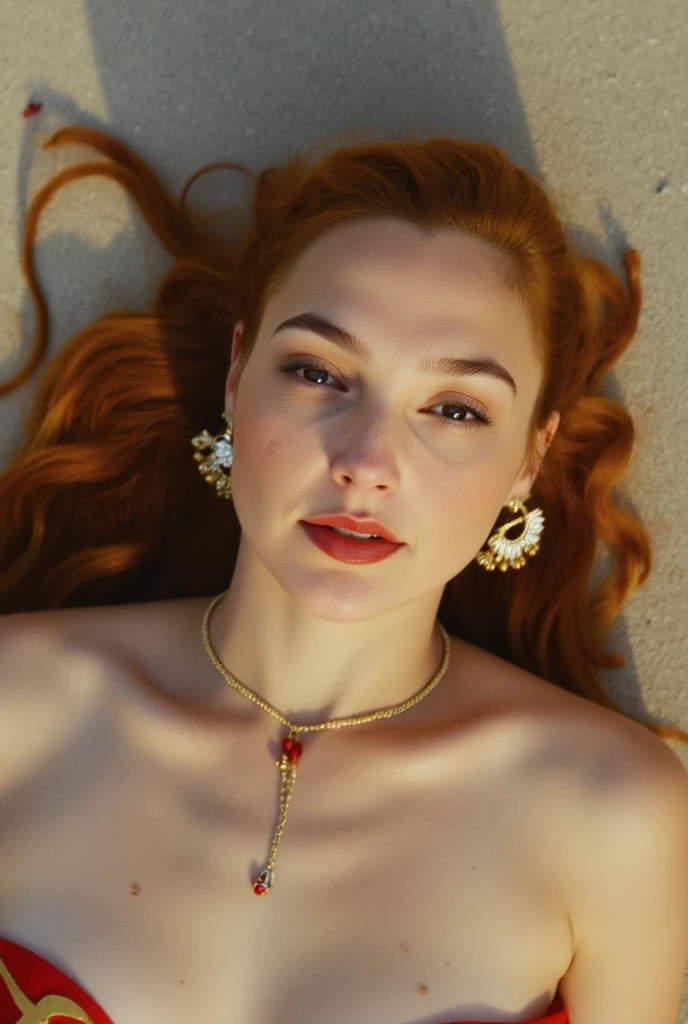 This is a photograph of a girl with striking red hair styled in elaborate braids. Her hair is intricately woven into a series of braids that cascade down her shoulders, with a few strands framing her face. She has perfect shaped breasts. She is fully naked. She accessorizes with gold jewelry, including a pair of large, dangling earrings that feature intricate designs and small red beads. Her makeup is subtle yet elegant, with a soft pink lipstick and a light blush that complements her fair skin. (She is o nn the beach and lying on the send), Gal Gadot,(POV from above, full body)