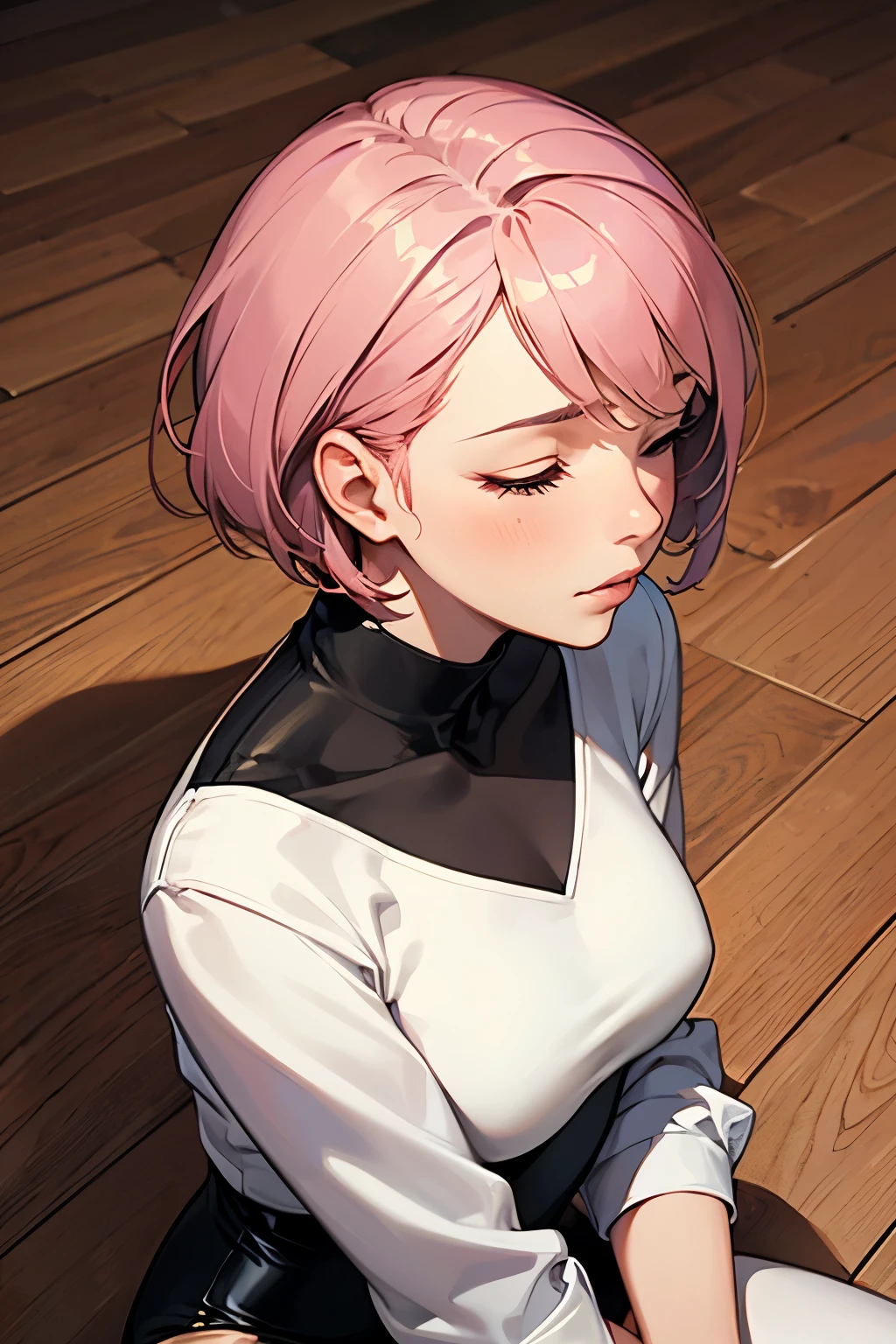 (highest quality:1.2), a 20-years-old girl is fainted on the wooden floor,  suffering face, side view, a photorealistic cute girl,  anatomical correct limbs, beautiful face, European face, noble face, painful face, closed eyes, beautiful lip, short pink hair, upper body portrait above the knee, wearing black long sleeved leotard for ballet, wearing white pantyhose for ballet.