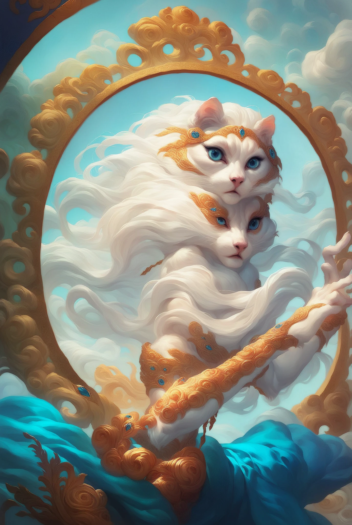 a silver longhaired cat with blue eyes, elegant pose, flowing fur, a calm and thoughtful expression, intricate details, hyperrealistic, digital painting, artstation, windswept fur, Warrior Cats style.