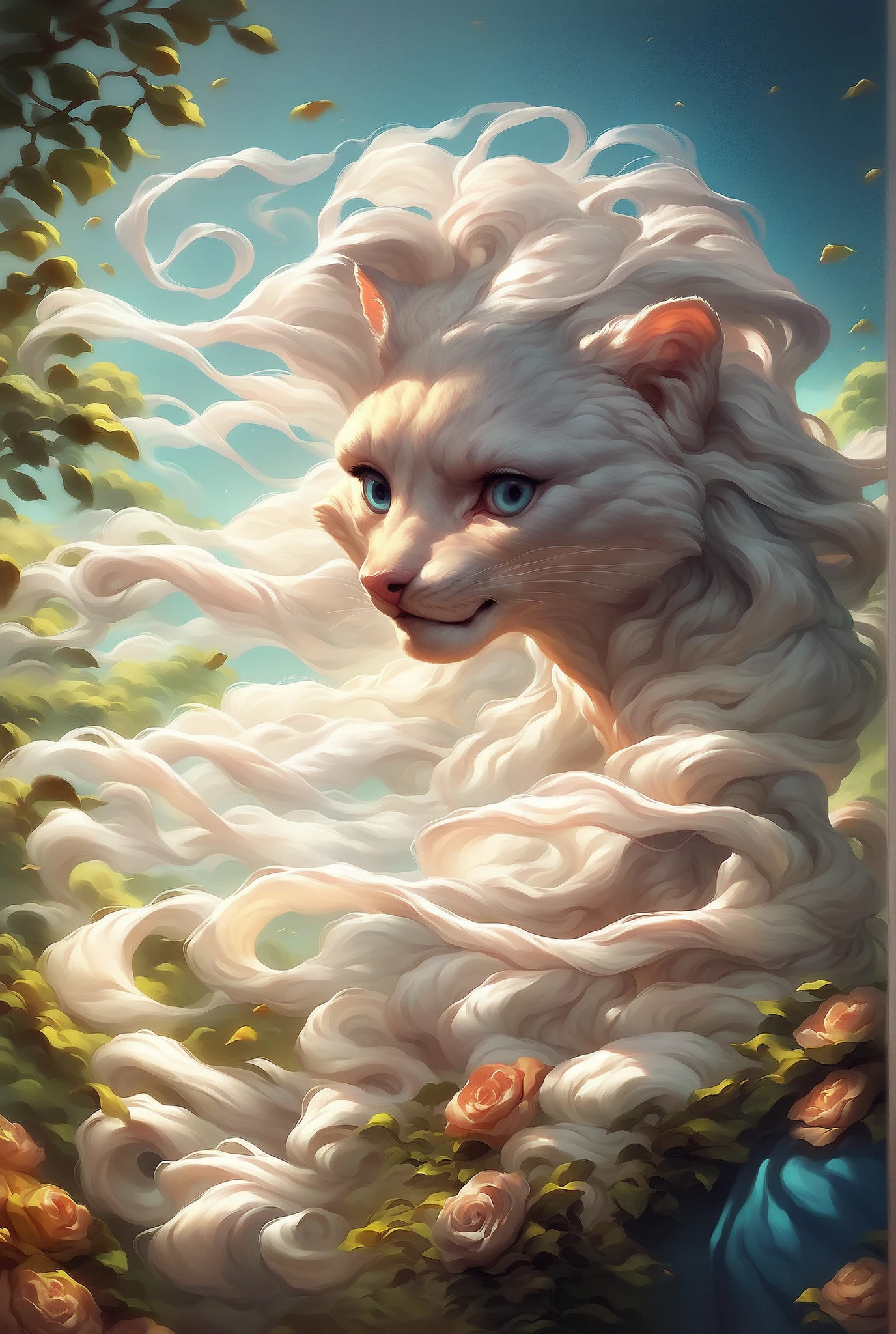 a silver longhaired cat with blue eyes, elegant pose, flowing fur, a calm and thoughtful expression, intricate details, hyperrealistic, digital painting, artstation, windswept fur, Warrior Cats style.