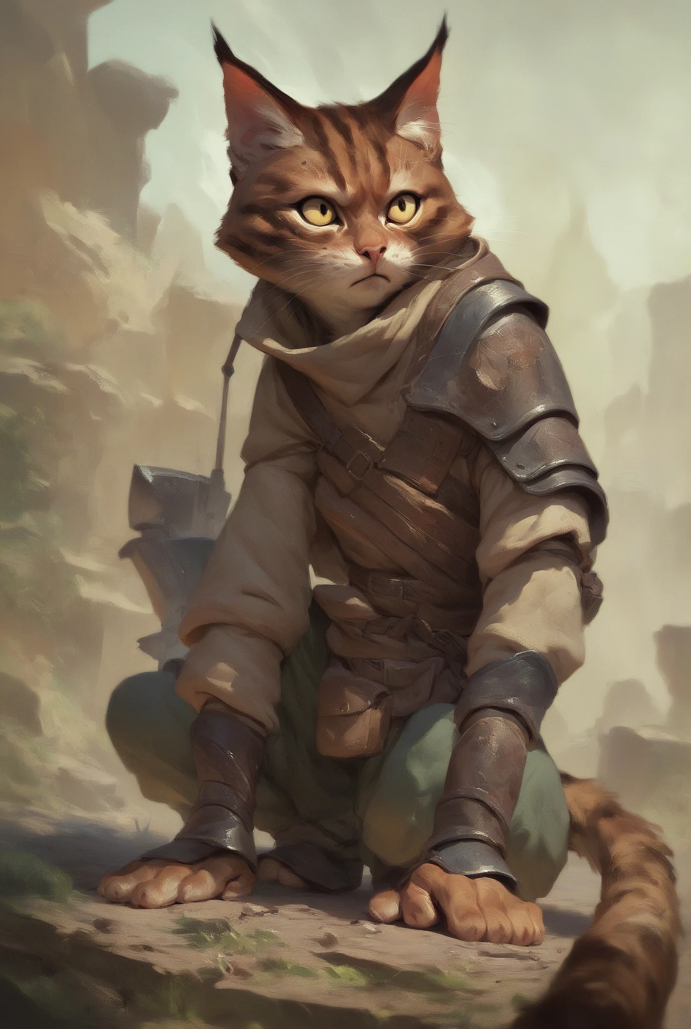 a stocky brown and black patched cat with yellow eyes, a playful expression, slightly dirty fur, short legs, a thick tail, Warrior's cat style