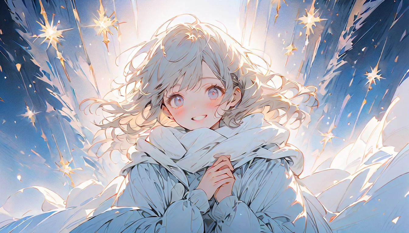   A stunning anime-style illustration depicting a beautiful woman in an elegant winter setting.  背景にteeth、 It depicts a warmly illuminated, snowy cityscape  ,   The light shining in the night sky and the shining stars  .  女性teeth中央に優雅に立ち ,   with gestures of connection  ,   Snow crystals gently pouring down .  彼女の穏やかで優しい表情teeth、 When you hold your hand, it creates warmth and love  ,  The theme is  . 雰囲気teeth魔法のようだ,  romantic,  and charming ,  teeth、 creates an emotional and memorable visual impact  . この作品teeth、 Love wearing a flowing winter coat and scarf  , hope, 、 A special moment under a snowy night  . サイズteeth16:9 Aspect Ratio.