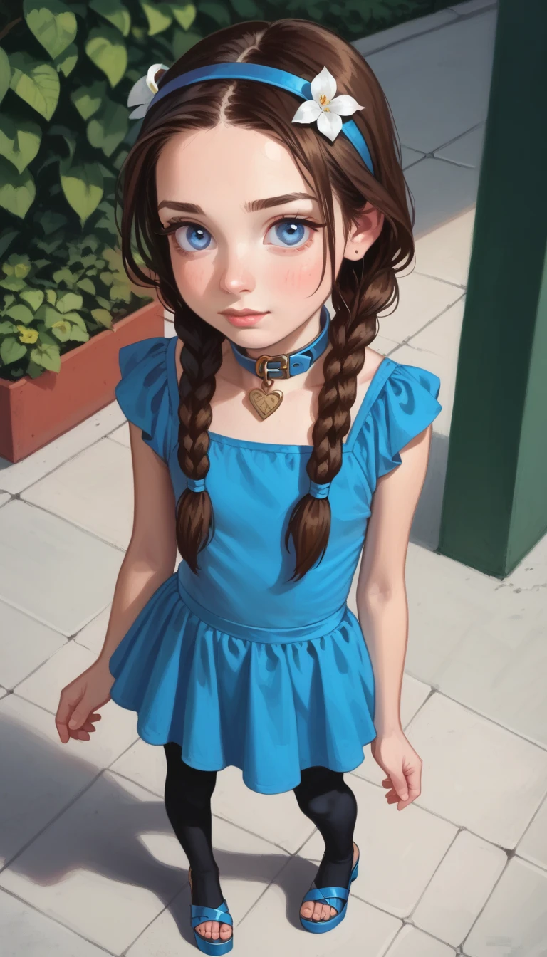 score_9, score_8_up, score_7_up, 1 girl ,   very young girl, blue eyes, in leggings, god, in a short summer dress,  long brown hair braided in two braids,  very cute face ,  collar,  in high-platform sandals and high heels,  standing right in front of the viewer, spread legs, black pantyhose,  view from above ,