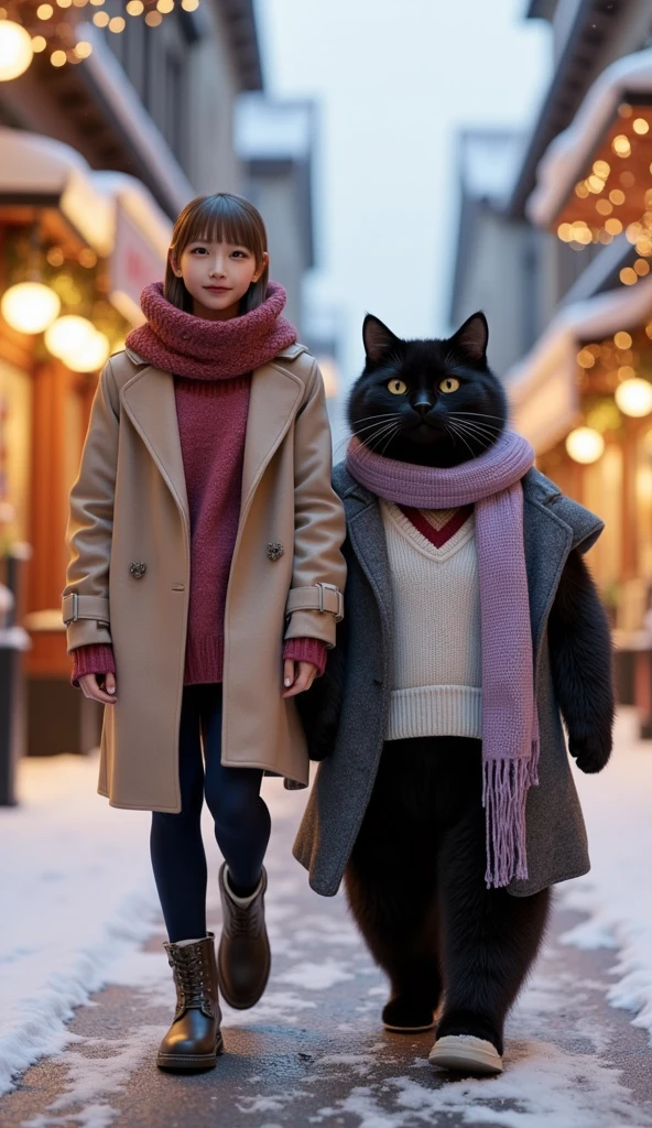 ultra-realistic, photorealistic, dramatic scene, shadow, global-illumination, solo, (teenage Japanese famous idol girl), very beautiful fragile Japanese girl, very beautiful with very cute, (very large breasts), slim waist, she is wearing\(a elegant winter jacket over a stylish pink one-piece dress, reddish brown woolen scarf, glove, short boots, dark navy tights\), (very large breasts), She is walking with a human-like cute giant black cat\(ears down, as tall as she, chubby, standing like a human, gray long woolen coat over a white V-neck sweater, light purple woolen scarf\), On a shopping street decorated with twinkling Christmas lights, she is holding a Christmas gift box and showing smile, they looks so happy