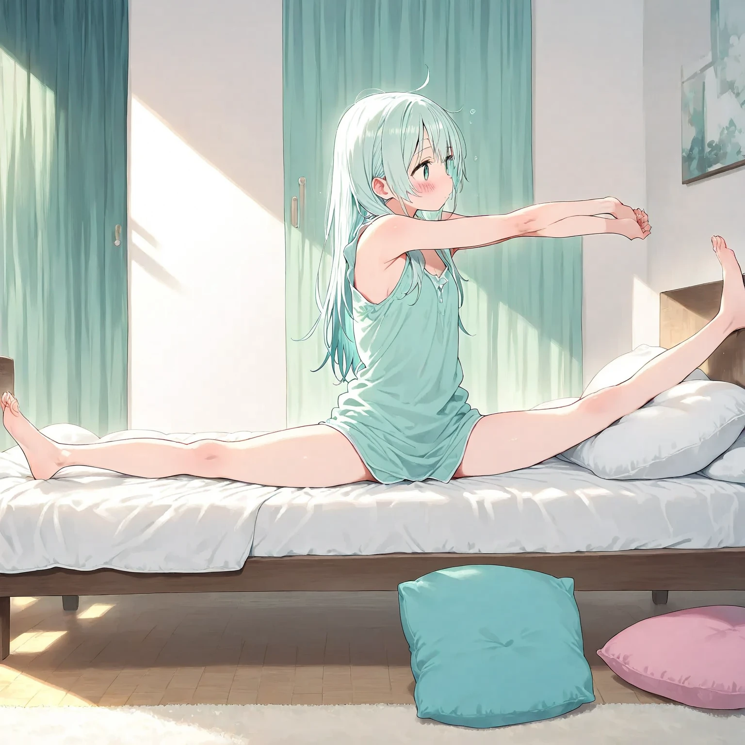 
1 girl,solo, casual clothes, ((matawari)),, white aqua hair,blush, indoors, bedroom, bed, on bed, pillows, ,bare legs, full body, stretching legs