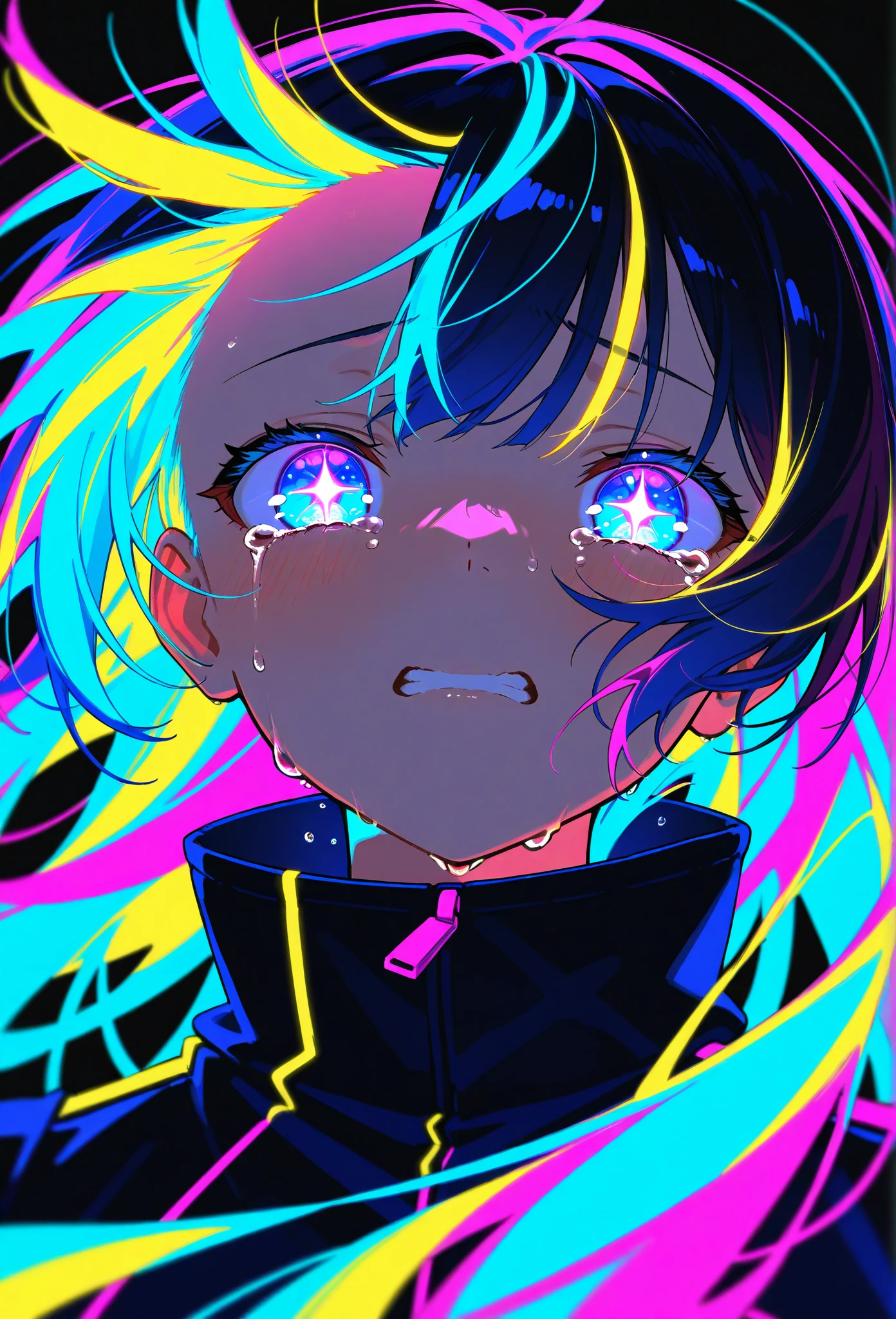 1girl,sobbing,crying with eyes open,symbol-shaped pupils,glowing eyes,Limited Palette,black background,colorful,vibrant,Glowing Contours,neon,black light,looking at viewer,masterpiece,very aesthetic,Conceit