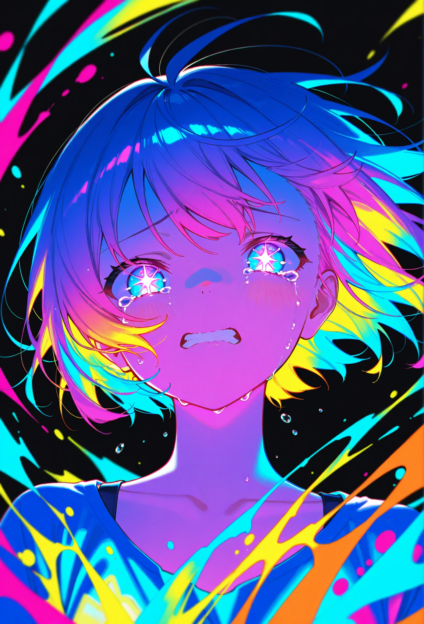 1girl,sobbing,crying with eyes open,symbol-shaped pupils,glowing eyes,Limited Palette,black background,colorful,vibrant,Glowing Contours,neon,black light,looking at viewer,masterpiece,very aesthetic,Conceit