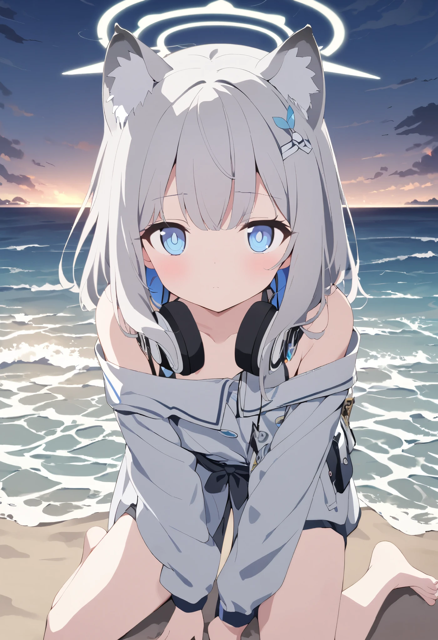  1 girl、White（ Blue Archive）、 animal ears 、solo、water着、halo、Wave、Sit down、barefoot、sea、water、 blue eyes、 eyes of different sizes 、Additional ears 、 animal ears のフワフワ、bangs、 beach 、 staring at the viewer 、 bikini、night、 medium hair 、 stand on your knees 、Outdoor、 off shoulder 、 hang headphones around your neck、White（water着）（ Blue Archive）、Grey Hair、 Closed Her Mouth 、 hair ornament、gun
