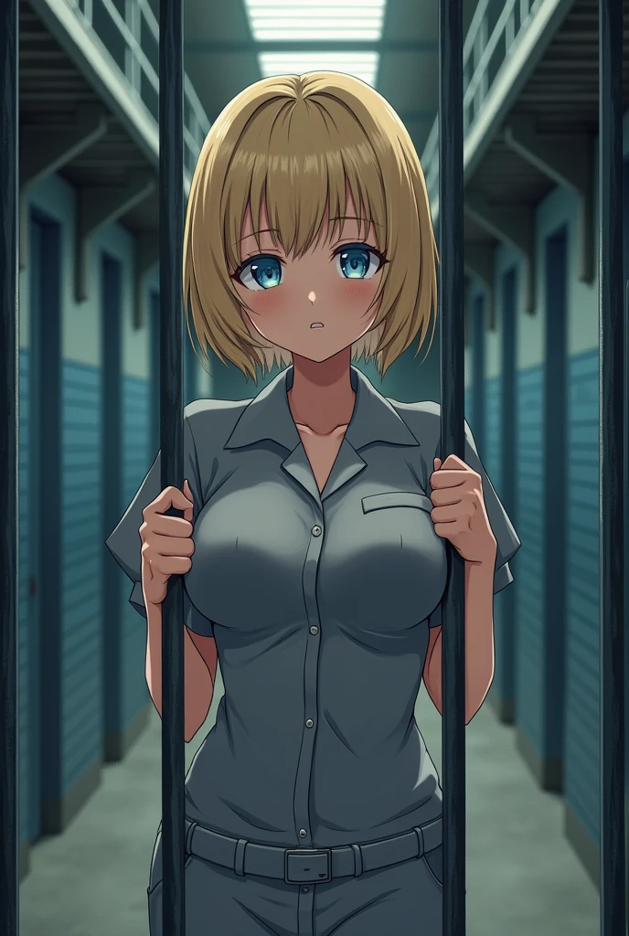 Blonde short bob police officer, police cosplay, abandoned prison, inside a cage, water-filled room, soaking wet woman, hands behind head, wearing white shirt, black underwear, wearing shackles, wet shirt, blushing, crying, shedding tears, wearing a collar with a chain, legs spread, thighs, open chest, huge breasts 