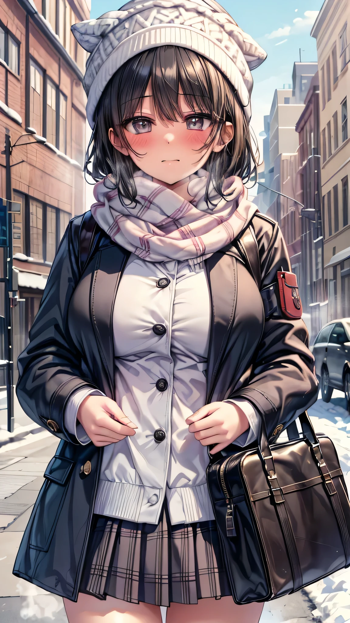 ((masterpiece, sidelighting, finely detailed beautiful eyes: 1.2)), (anatomically collect:1.3), Extremely cute, (extremely detailed beautiful face), (Authentic skin texture:1.4), (outdoor, winter, snowy landscape, park:1.2), (1 hit girl:1.2), (huge breasts), (short black hair), (duffel coat, woolen scarf, Woolly hat:1.2), (socks, loafer:1.2), (blush cheek:1.4), (shy, happy), (face focus:1.2), school bag, (steam)
