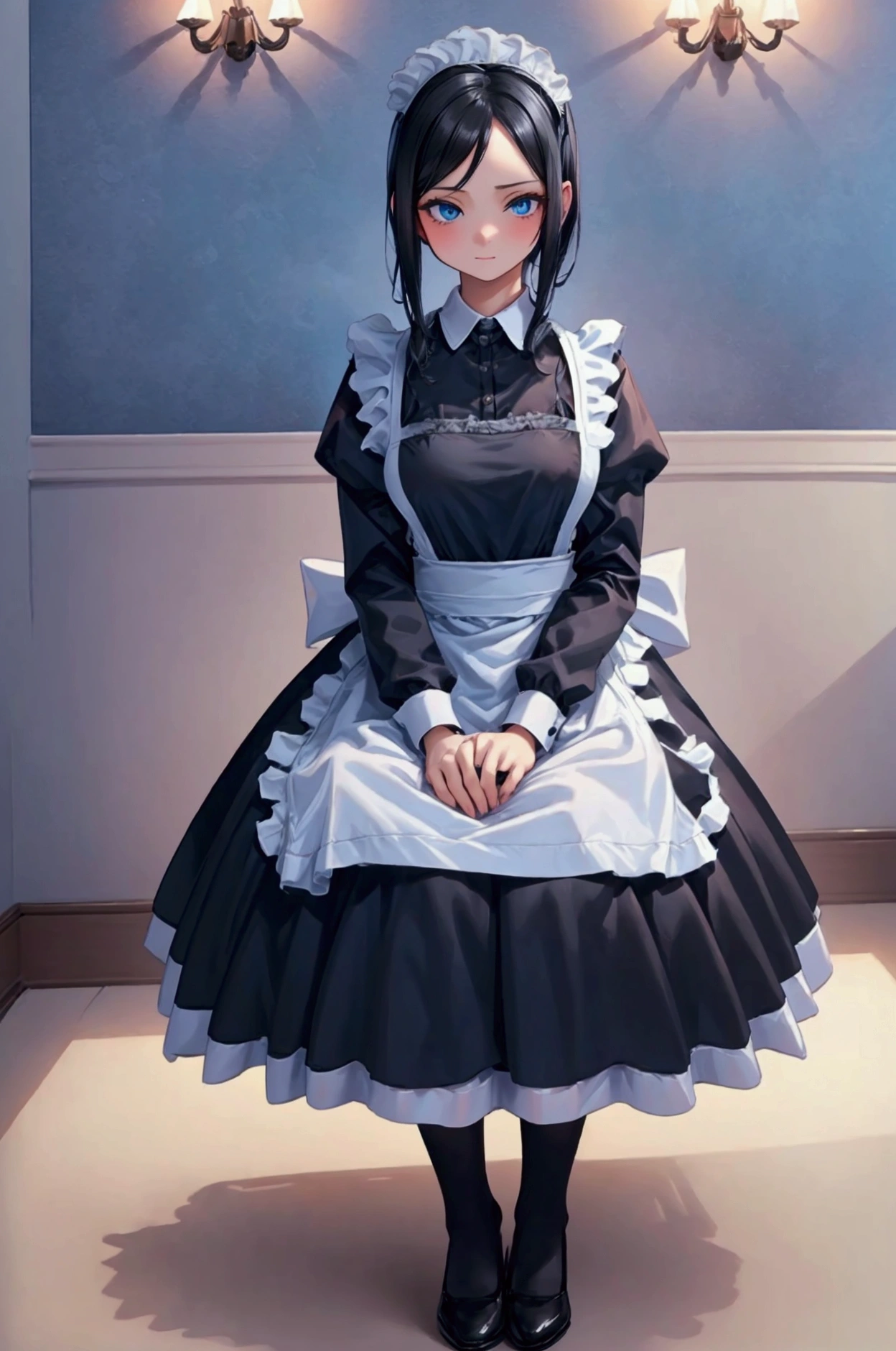 A blue-eyed maid with straight black hair is sitting on the bed and looking shy, (( best quality )), ((masterpiece)), ( Details), beautiful breasts, background is the wall of a hotel room, Dark Room,  Dark Room, arms behind back,  long sleeves maid clothes,