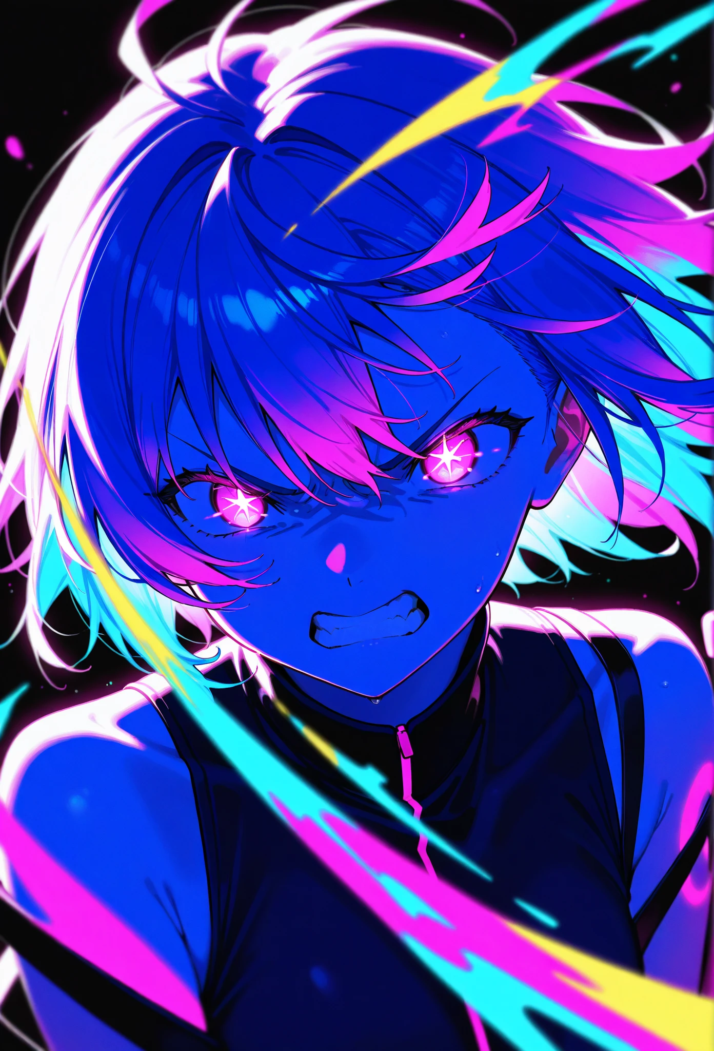 1girl,clenched teeth,glaring,angry,symbol-shaped pupils,glowing eyes,Limited Palette,black background,colorful,vibrant,Glowing Contours,neon,black light,looking at viewer,masterpiece,very aesthetic,Conceit