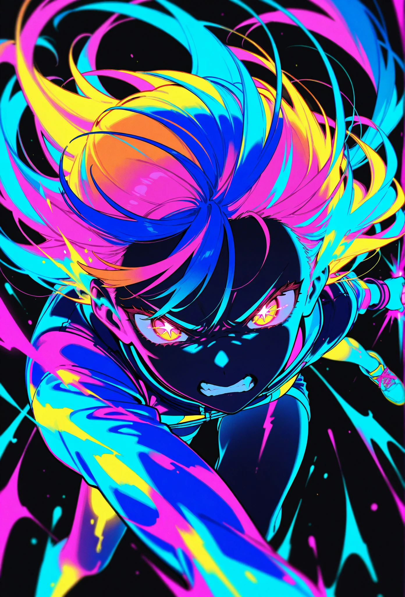 1girl,clenched teeth,glaring,angry,symbol-shaped pupils,glowing eyes,Limited Palette,black background,colorful,vibrant,Glowing Contours,neon,black light,looking at viewer,masterpiece,very aesthetic,Conceit