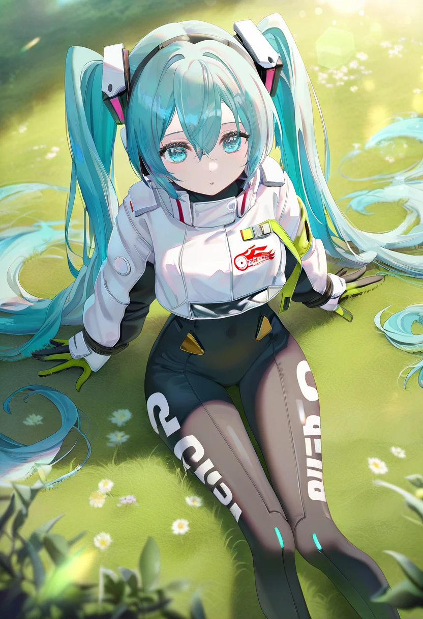 masterpiece,best quality,amazing quality,very aesthetic,absurdres,newest,impactful picture,offcial art,movie perspective,(void 0:0.5,(torino aqua:0.5), (umehara sei:0.5), 1girl,solo,s1_dram,from above,on grass,RHM22,hatsune miku,1girl,racing miku,solo,green gloves,twintails,long hair,blue eyes,black bodysuit,two-tone gloves,aqua hair,hair between eyes,jacket,long sleeves,white jacket,long legs,,,