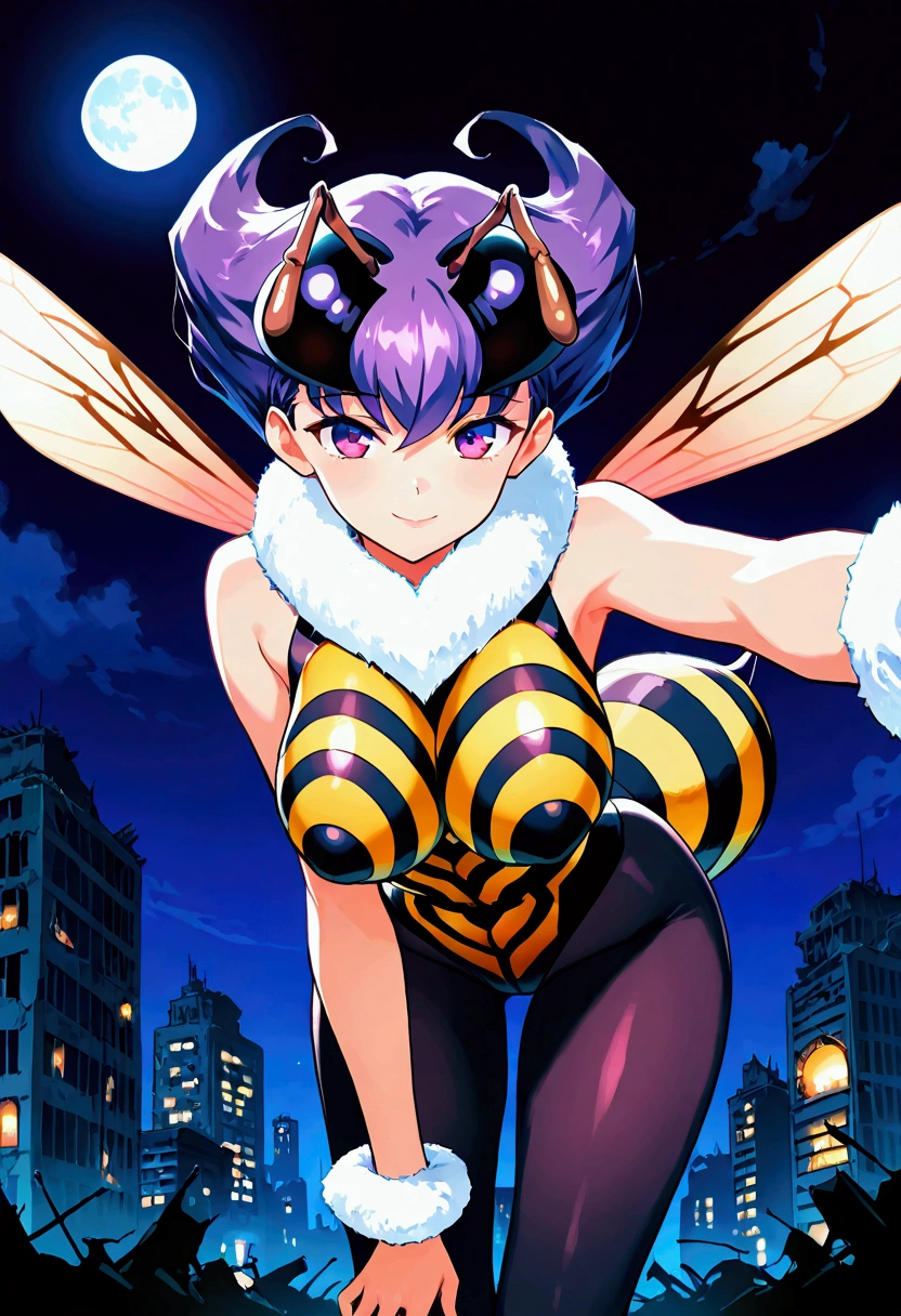 score_9,score_8_up,score_7, source anime, BREAK, 1girl, solo, bee girl, q-bee darkstalker, abdomen tail, bee tail, arthropod girl, wings, solo, antennae, purple hair, insect wings, monster girl, purple eyes, short hair, pantyhose, looking at viewer, purple pantyhose, bangs, leotard, fur collar, smile, bare shoulders, bodysuit, sleeveless, big large breasts, fur trim, seductive, sexy, night sky, post-apocalypse, crumbling city on background, late night, moon, (masterpiece), best quality, high res, HD, 4k, 8k, Detailed Illustration, intricate detail, cinematic lighting, amazing quality, amazing shading, soft lighting, absurdres, newest, bust portrait, upperèbody, close-up, bending forward, reaching reaching trought the viewer,