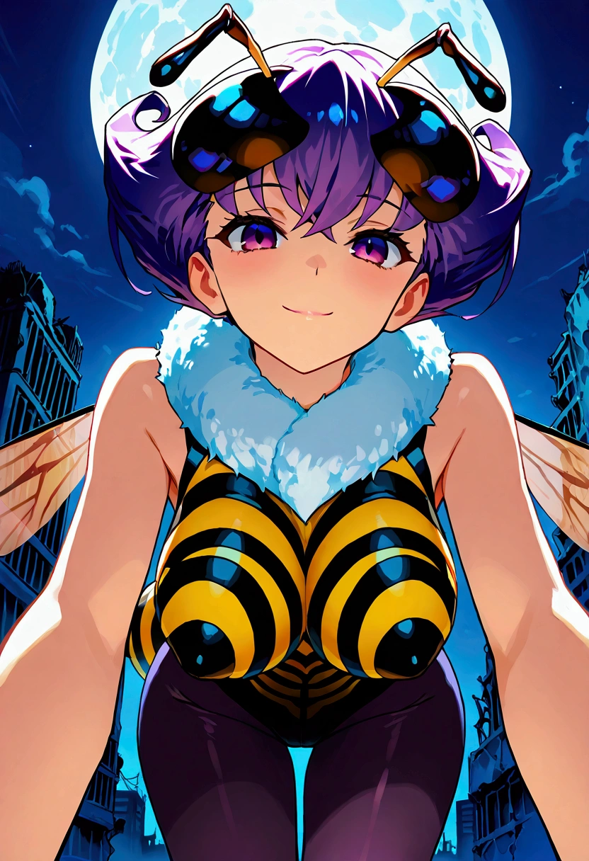 score_9,score_8_up,score_7, source anime, BREAK, 1girl, solo, bee girl, q-bee darkstalker, abdomen tail, bee tail, arthropod girl, wings, solo, antennae, purple hair, insect wings, monster girl, purple eyes, short hair, pantyhose, looking at viewer, purple pantyhose, bangs, leotard, fur collar, smile, bare shoulders, bodysuit, sleeveless, big large breasts, fur trim, seductive, sexy, night sky, post-apocalypse, crumbling city on background, late night, moon, (masterpiece), best quality, high res, HD, 4k, 8k, Detailed Illustration, intricate detail, cinematic lighting, amazing quality, amazing shading, soft lighting, absurdres, newest, bust portrait, upperèbody, close-up, bending forward, reaching reaching trought the viewer,