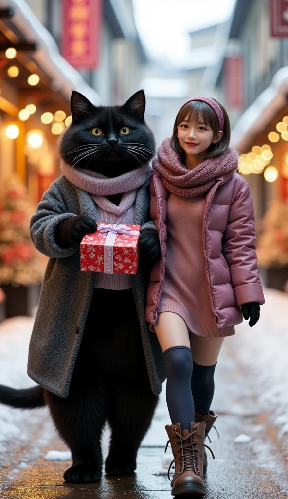 ultra-realistic, photorealistic, dramatic scene, shadow, global-illumination, solo, (teenage Japanese famous idol girl), very beautiful fragile Japanese girl, very beautiful with very cute, (very large breasts), slim waist, she is wearing\(a elegant winter jacket over a stylish pink one-piece dress, reddish brown woolen scarf, glove, short boots, dark navy tights\), (very large breasts), She is walking with a human-like cute giant black cat\(ears down, as tall as she, chubby, standing like a human, gray long woolen coat over a white V-neck sweater, light purple woolen scarf\), On a shopping street decorated with twinkling Christmas lights, she is holding a Christmas gift box and showing smile, they looks so happy