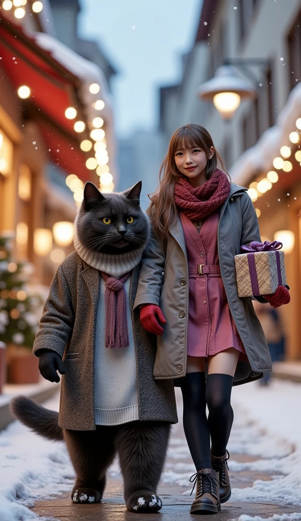 ultra-realistic, photorealistic, dramatic scene, shadow, global-illumination, solo, (teenage Japanese famous idol girl), very beautiful fragile Japanese girl, very beautiful with very cute, (very large breasts), slim waist, she is wearing\(a elegant winter jacket over a stylish pink one-piece dress, reddish brown woolen scarf, glove, short boots, dark navy tights\), (very large breasts), She is walking with a human-like cute giant black cat\(ears down, as tall as she, chubby, standing like a human, gray long woolen coat over a white V-neck sweater, light purple woolen scarf\), On a shopping street decorated with twinkling Christmas lights, she is holding a Christmas gift box and showing smile, they looks so happy