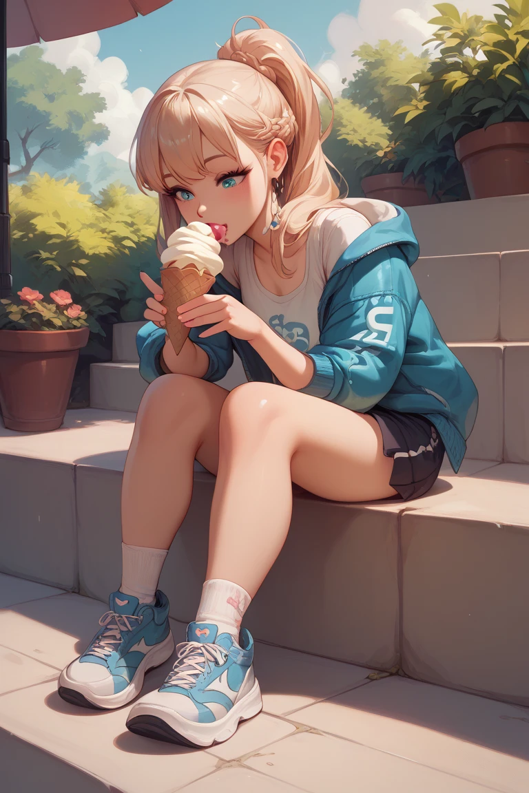 create anime image of boy and girl eating ice cream on steps