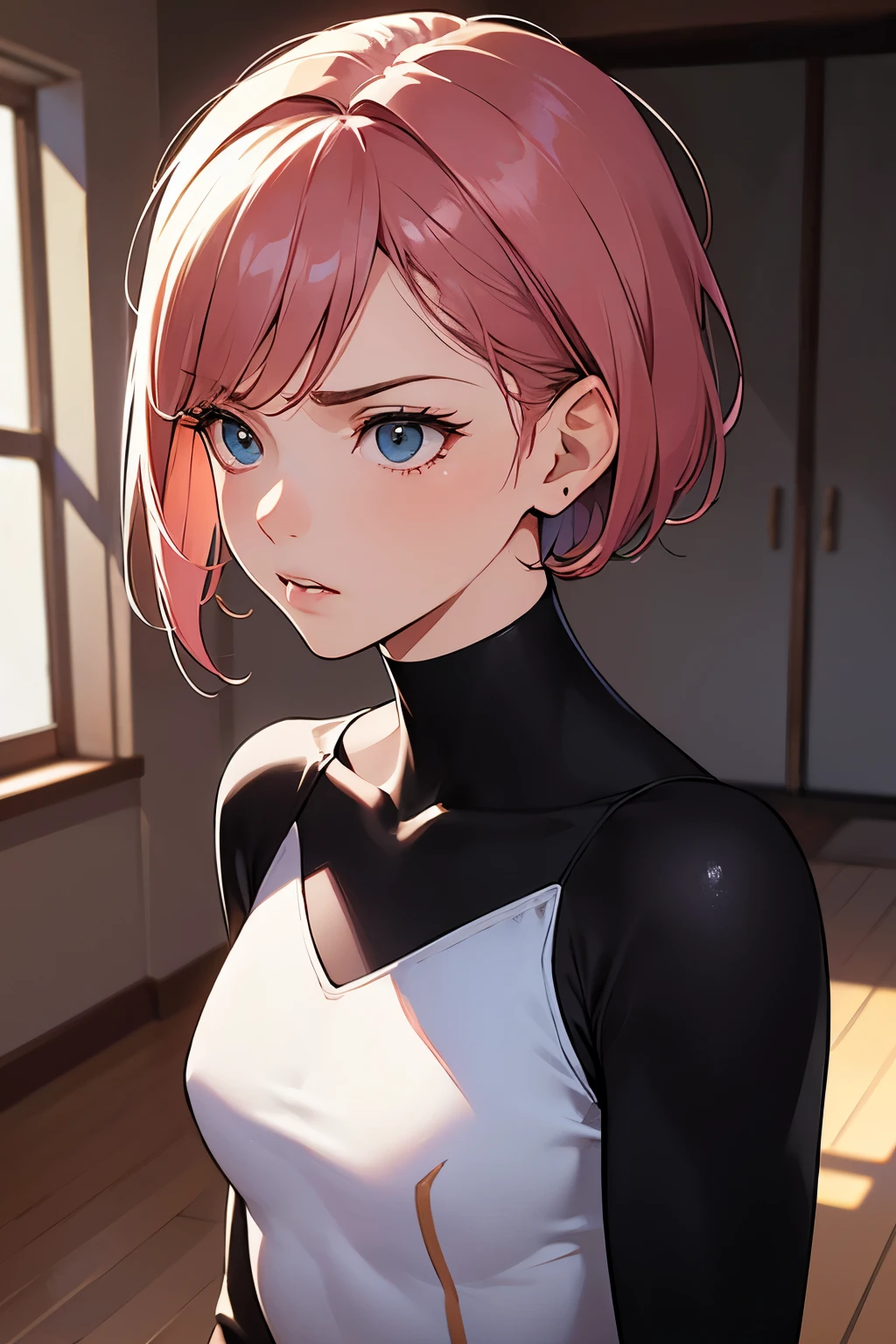 (highest quality:1.2), a 20-years-old girl is standing  on the wooden floor of exercise room, touching her wear, looking herself, confused face, front view, a photorealistic cute gymnast, beautiful face with angry, European face, noble face, beautiful eyeblow, open eyes, beautiful lip, short-bob pink hair, upper body portrait, wearing black long sleeved leotard, wearing white pantyhose .