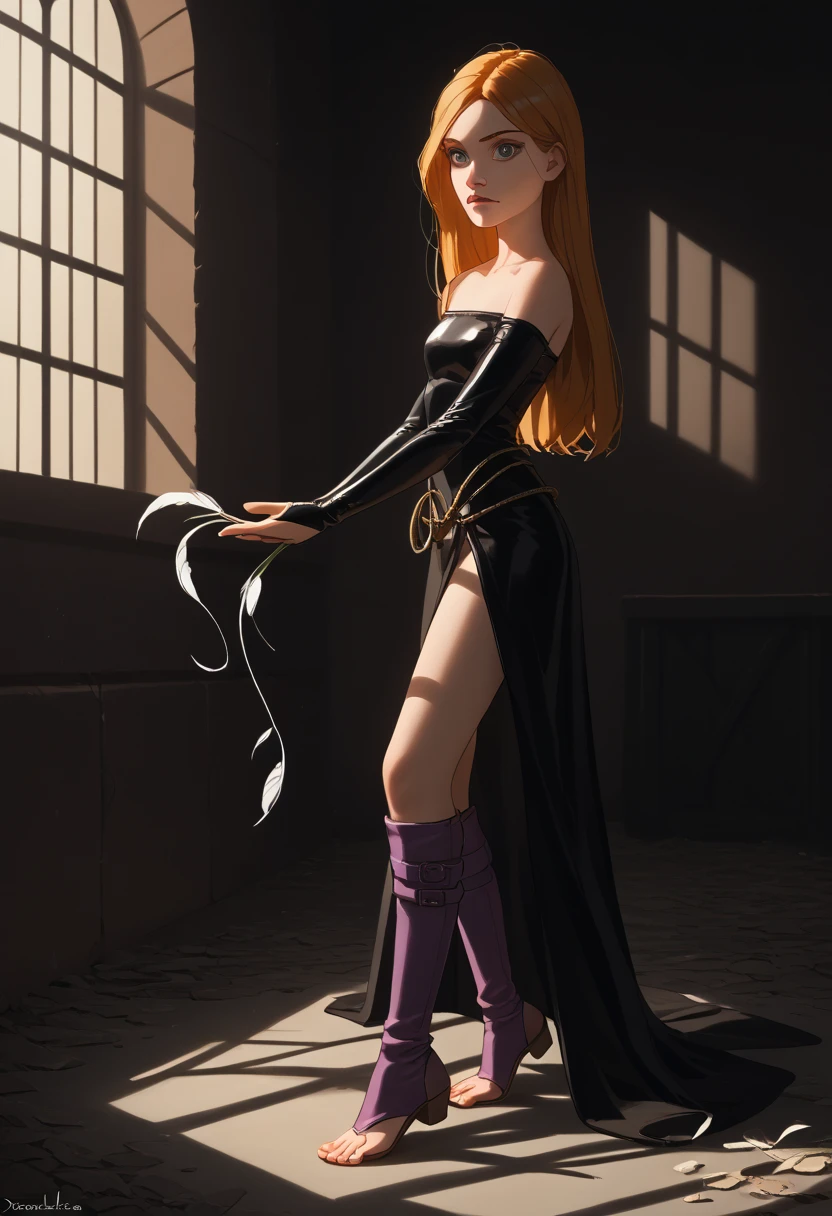 ((full body photo)) Cornelia Hale . W.I.T.C.H. . - Comission LoRA PonyXL .NSFW Support.(beauty and the beast) Disney, masterpiece, perfect face, perfect hands, high quality, 1 girl, Alone, dominatrix, feathers, tied ankles, tied arms, focus full body, knee high leather flats, bound and gagged, intricate details, cinematic lighting, amazing quality, amazing shading, soft lighting, detailed illustration, wallpaper masterpiece, best quality, perfect hands, in one bed inside a prison cell with trash scattered around, tied with natural rope, feet together, knees together, elbows together, feet connected to shoulders, side shot. She looks at you, your gauze hurts, gladiator sandal boots: 1.6
