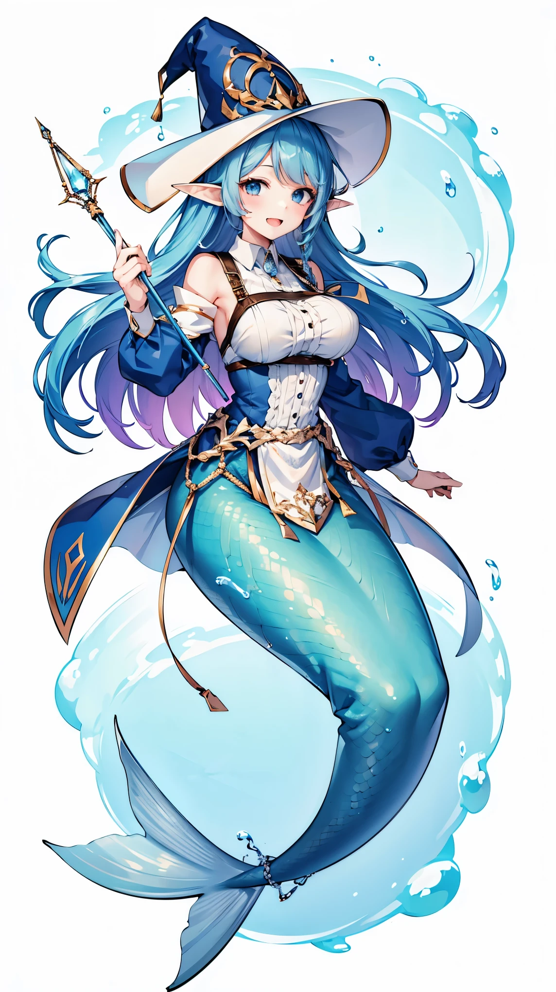 (masterpiece,  best quality ),(full five fingers ), a girl , Blue Hair ,Elf ears,  blue eyes ,  unique ,  Big Breasts ,swimsuit,Witch Hat,Mermaid,蓝色的Mermaid尾巴, full-body photo ,charming face(Kawaii, charming,Soft),(Underwater:1.2) ,Holding a magic wand,Smile,Open your mouth