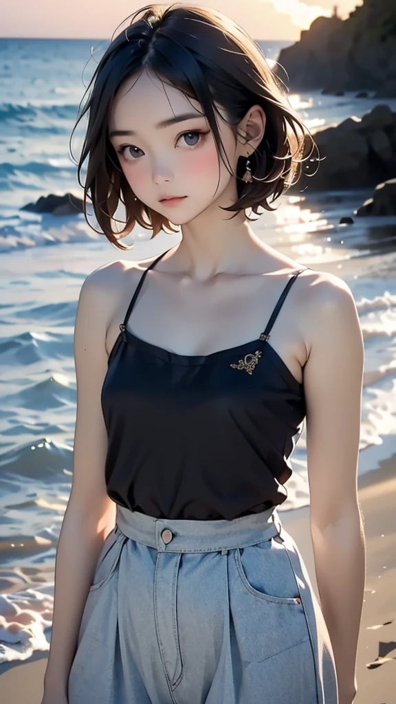 one girl, ***** face, cute face, ash gray hair:1.5, bob hair, short hair, camera's line of sight, small breasts, An ennui look, (((camisole, dress))) , particles of light, sea of ​​sunset, calm sea, white sand beach, very beautiful sunset, RAW photo, highest quality, High resolution, High resolution, masterpiece:1.3, 8k, 12k, professional photographer,((Extremely precise and accurate anatomy:1.0)),Kind eyes,Graceful pose,(Beauty of form:1.4) Golden ratio, big eye,(nature's providence:1.4),