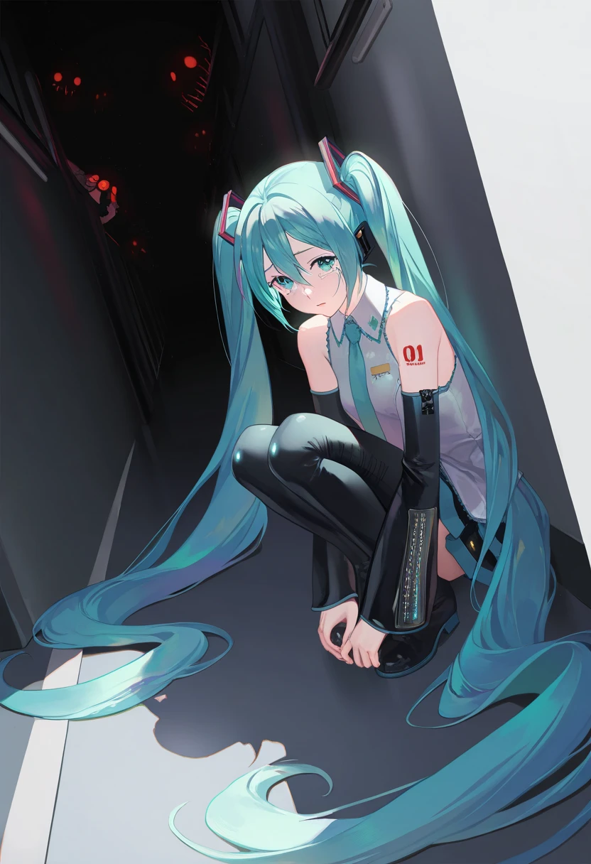 masterpiece,best quality,amazing quality,very aesthetic,absurdres,newest,impactful picture,offcial art,movie perspective,
(aos:0.5),(fajyobore:0.5),(chiaroscuro:0.5),
dutch angle,Hatsune Miku,darkness,squatting in the corner,put your hands on your feet,poor,criin,wipe the tears,