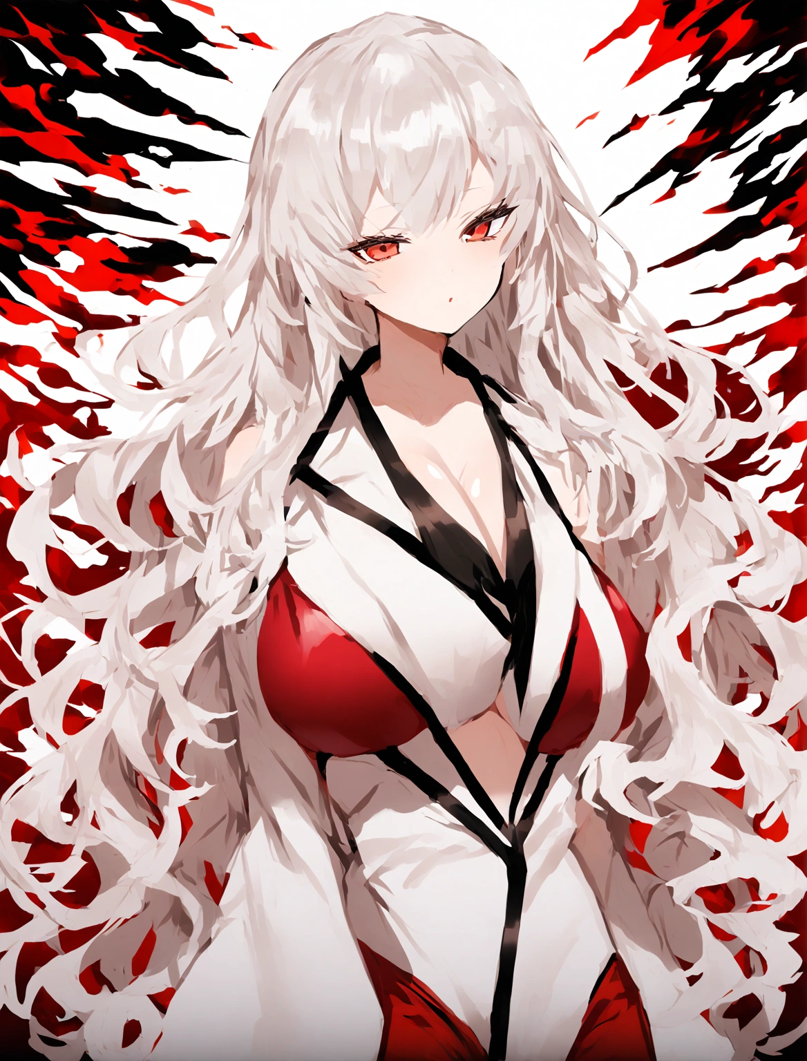 Big breasts, long white hair, red eyes, wearing a red bikini, red underwear 