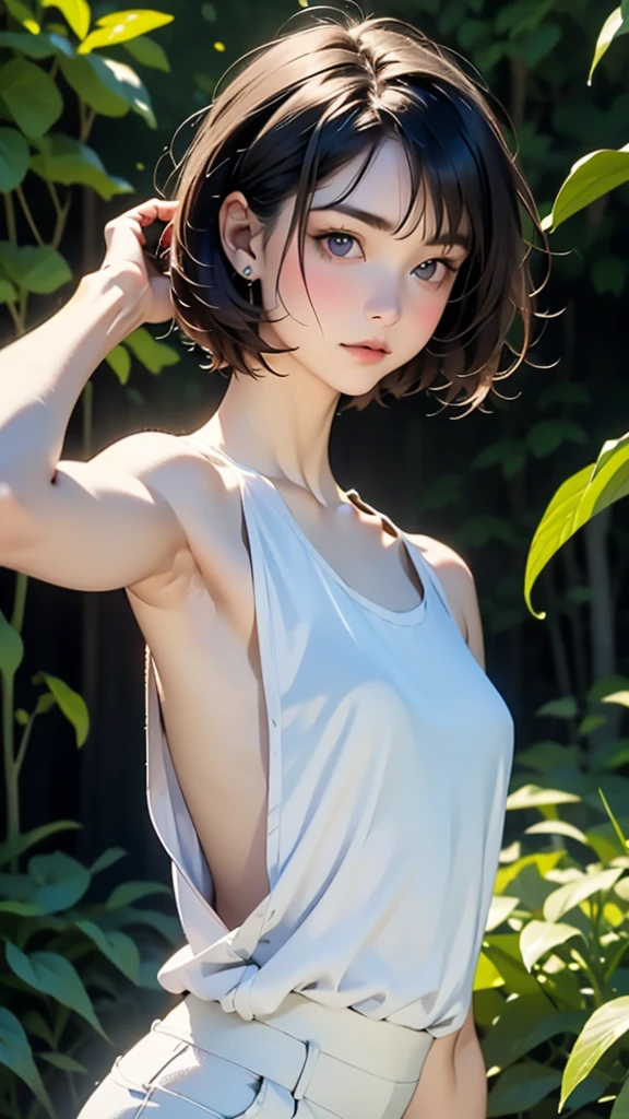 (((pixel-perfect, detail-perfect))), HDR, 4K, 1girl, solo, exposed back, looking at viewer, upper body, black hair, bob_hair, short-hair, short bob hair, (((bobcut) )), ((haircut:1.3)), undercut, bobbed hair, minibob, sidecut, buzz haircut, sidecut, side of head shaved, purple eyes, ((Shave his hair)), Short ear hair, graduation bob, (cowboy shot:1.5), straight short hair, buzzed nape, tank top, nike logo, ((Extremely precise and accurate anatomy:1.0)),Kind eyes,Graceful pose,(Beauty of form:1.4) Golden ratio, big eye,(nature's providence:1.4),