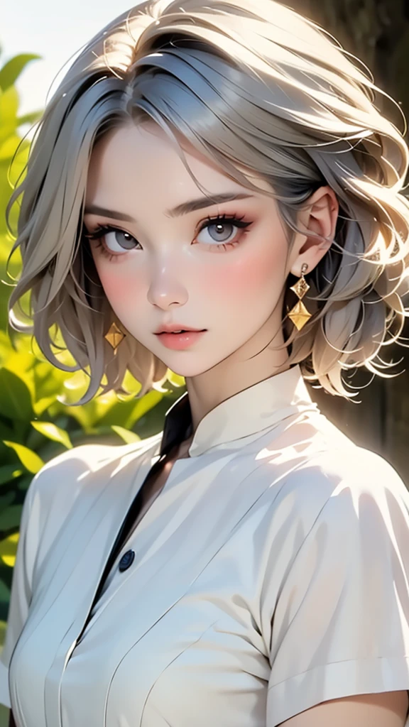 (highest quality, masterpiece), One girl, beautiful girl, Brown_eye, ((hair color [Silver hair], [Pixie cut with front hair] hair)), Earrings, lips, Short sleeve,Realistic, Tight waist, Charm, Colorful Makeup, Long eyelashes, Fair skin, (cute), (Detailed face), Detailed eye, Detailed iris,((Extremely precise and accurate anatomy:1.0)),Kind eyes,Graceful pose,(Beauty of form:1.4) Golden ratio, big eye,(nature's providence:1.4),