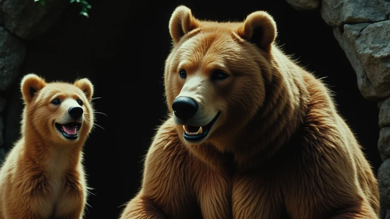 A charming bear family, the bear cub exudes joy while the father bear stands stoically protective, and the mother bear smiling with warmth. They are positioned in front of a cave. This enchanting scene is reminiscent of a fairy tale. The bear cub's fur is fluffy and light brown, the father bear's fur is dark and majestic, and the mother bear's fur is a rich honey color. High resolution, masterpiece, ray tracing