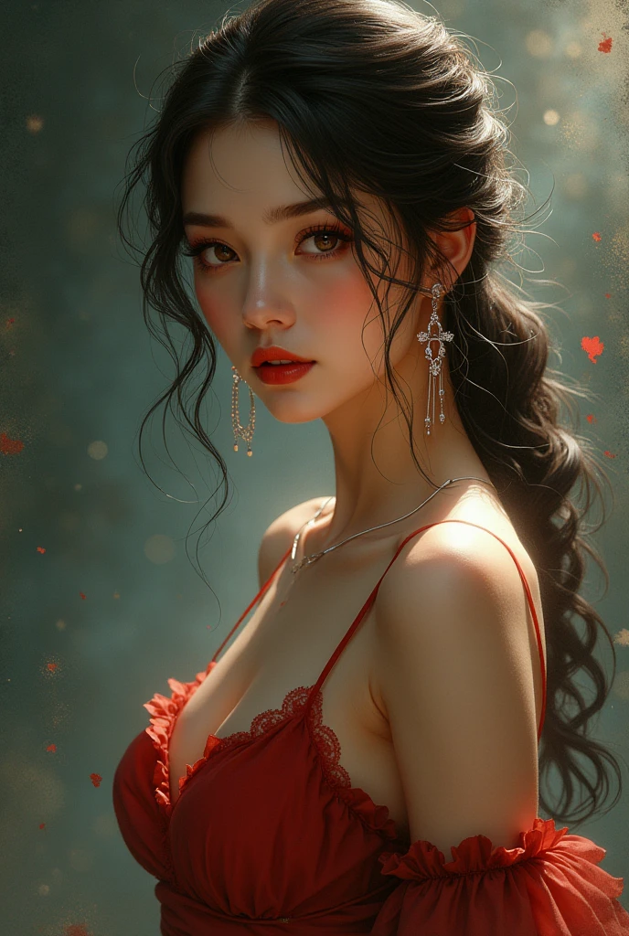 Feng Yulan has a charming appearance with long, wavy red hair that reaches her waist., as if every strand radiated a burning fire. His eyes are sharp and ruby red., and her full dark red lips often formed a thin, seductive smile.. With smooth skin like porcelain, she wore a red silk dress with a low cut, highlighting her perfect curves and charm that is hard to ignore.