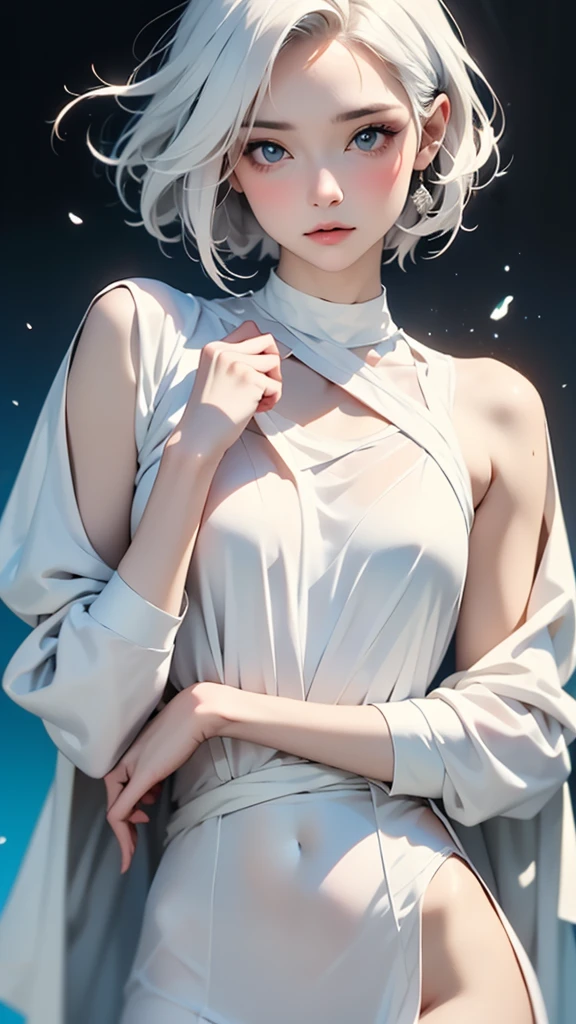 (masterpiece, best quality:1.2), 8k, 85mm, raw photo, absurdres, white and cyan theme, (liquid clothes, liquid dress:1.4), white hair, gradient dress, delicate girl, upper body, close up face, shiny skin, teen, looking at viewer, HDR, sharp focus, particle, twilight sky, detailed eyes and face, white hair, simple background,(Enhances the beauty of skin texture:1.1),((Extremely precise and accurate anatomy:1.0)),Kind eyes,Graceful pose,