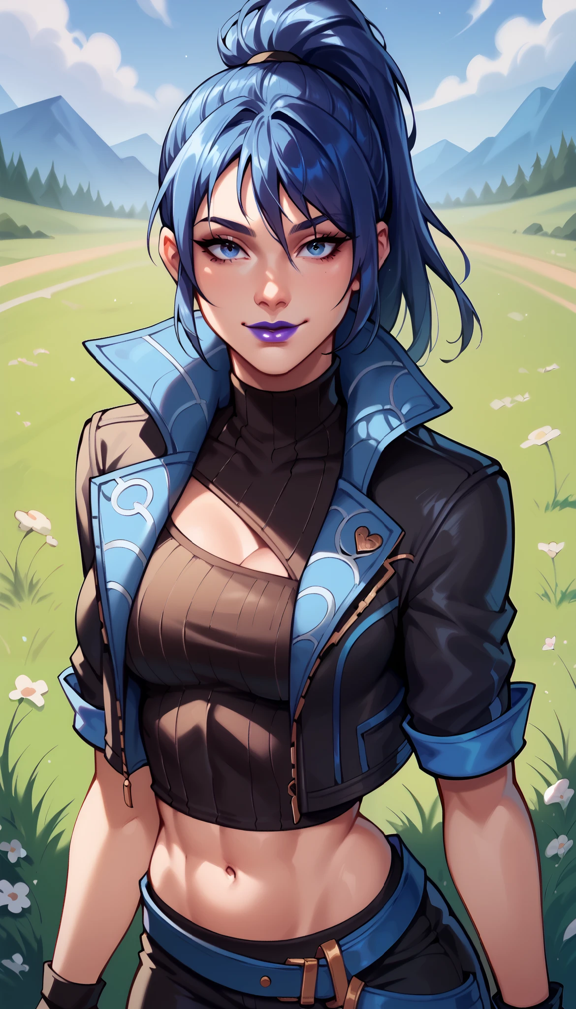 BREAK,  FNHeroHop, blue hair, ponytail, blue eyes, purple lips, open collared jacket, clothing cutout, short sleeves, black turtleneck, midriff, fingerless gloves, grass, seductive smile, standing, looking at viewer,  breasts, 1 girl, solo,