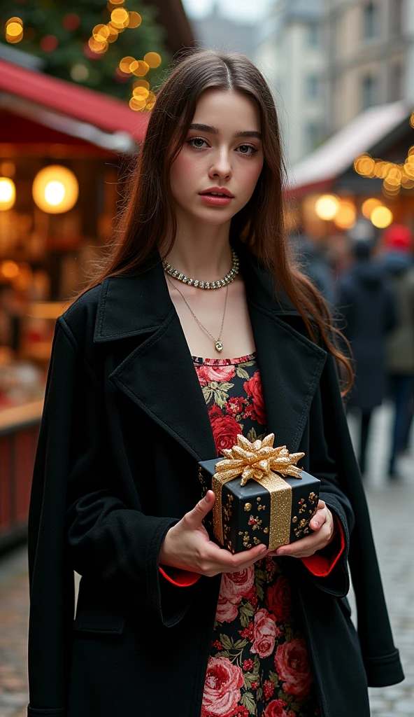 A Full body shot in a Cinaematic style of a super cute Russian teen model, cefp editorial fashion photograph of a haute couture model wearing a skin tight Black, red and cream white latex gown outside in a Christmas market, soft worm light snow in air, ((the Black, red and cream white dress has red an white Latex pink Roses details)),  long black coat over here dress, high leather  Boots with platform high heels showing here super skinny long legs, Slim skinny supermodel body, Super long skinny legs, (Skinny slim waist hourgass figure), she is holding an black and gold christmas present in here hands, lit christmas tree in the background with lots of gold and black details, she got super detailed skin, oily wet skin, Lots of intrcate details on the dress, gold glitter on the face and body, gold glittery make up, super long eye lashes, lots gold jewelry, gold choker, gold and diamond arm rings, diamond necklace, dramtic lighting, posing dramatically, colorful turquoise, Black, pink mint green and red colors, full body shot showing legs and boots,  
