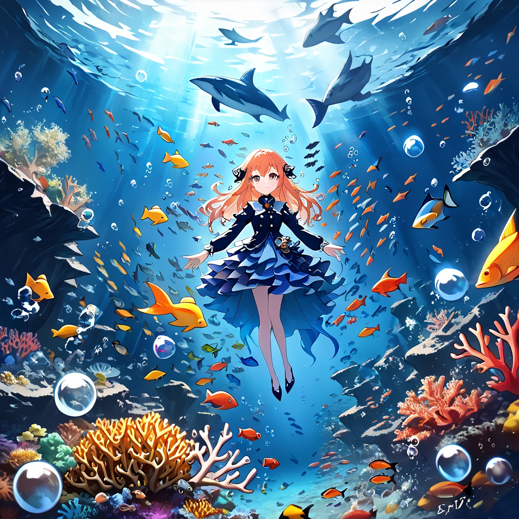 ((Monster girl exploring an underwater realm, surrounded by colorful fish and coral. The underwater shot captures the ethereal beauty of the scene, with bubbles rising around her as she interacts with the marine life)),Value, 2D CGI, dynamic angles, body language, gestures, color psychology, anime expressions, high-quality, perfect anatomy, 4K, SFW, overlap, shadows, dimensionality, foreshortening, scenery, modest attire, facial expression, eye reflections, varied dimensions, full color, essence, quirky traits