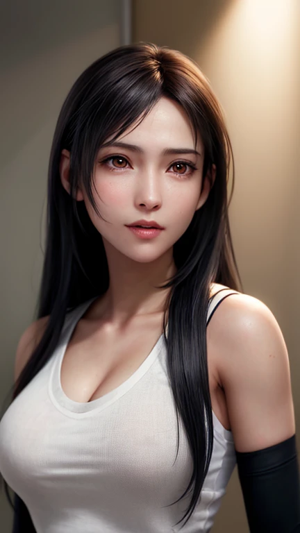 realistic 4K of a young plus-size Indonesian woman with flowing wavy black hair with a seductive expression, wearing a white striped shirt and blue jeans, dynamic poses, various sizes and shapes, cross-hatching and dotting techniques, and finished with intricate details, with an impasto effect and layered colors to add depth, with a touch of metallic paint for visual interest, the blurred background accentuates her face.