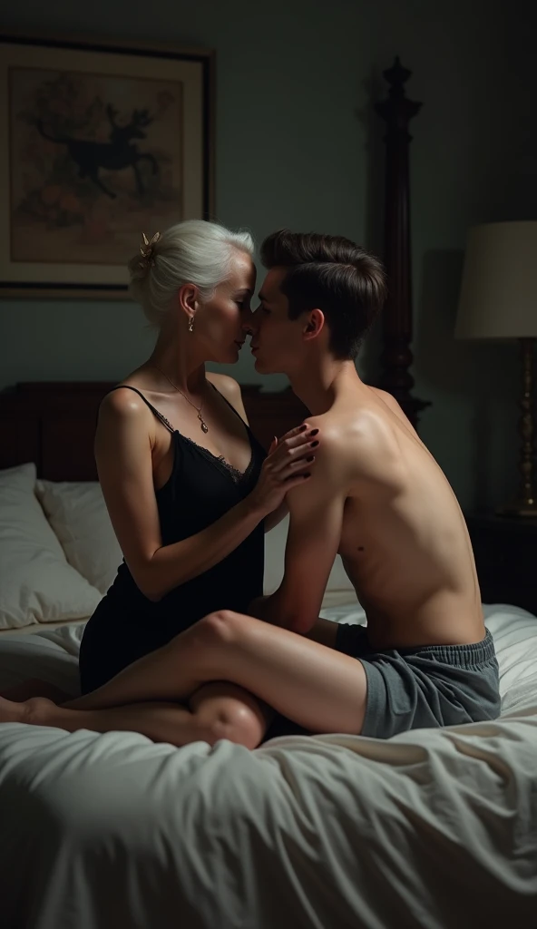 Damon Salvatore shirtless a hot muscular gothic guy stands behind Sara a short white hair blond MILF lady, his hands wrapped around her as they lie on the bed. Their clothes had been tossed aside during a heated embrace, leaving them accidentally naked. Sara leans back into him, her head tilted slightly to the side, exposing her neck. Damon’s lips are just inches from her neck, as if he's about to kiss her.