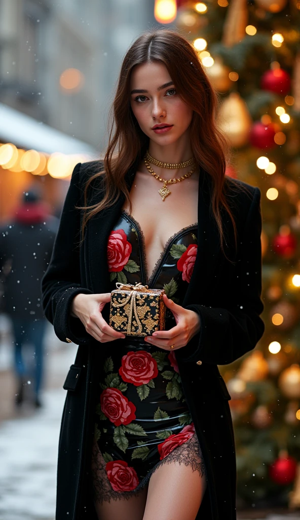 A Full body shot in a Cinaematic style of a super cute Russian teen model, cefp editorial fashion photograph of a haute couture model wearing a skin tight Black, red and cream white latex gown outside in a Christmas market, soft worm light snow in air, ((the Black, red and cream white dress has red an white Latex pink Roses details)),  long black coat over here dress, high leather  Boots with platform high heels showing here super skinny long legs, Slim skinny supermodel body, Super long skinny legs, (Skinny slim waist hourgass figure), she is holding an black and gold christmas present in here hands, lit christmas tree in the background with lots of gold and black details, she got super detailed skin, oily wet skin, Lots of intrcate details on the dress, gold glitter on the face and body, gold glittery make up, super long eye lashes, lots gold jewelry, gold choker, gold and diamond arm rings, diamond necklace, dramtic lighting, posing dramatically, colorful turquoise, Black, pink mint green and red colors, full body shot showing legs and boots,  
